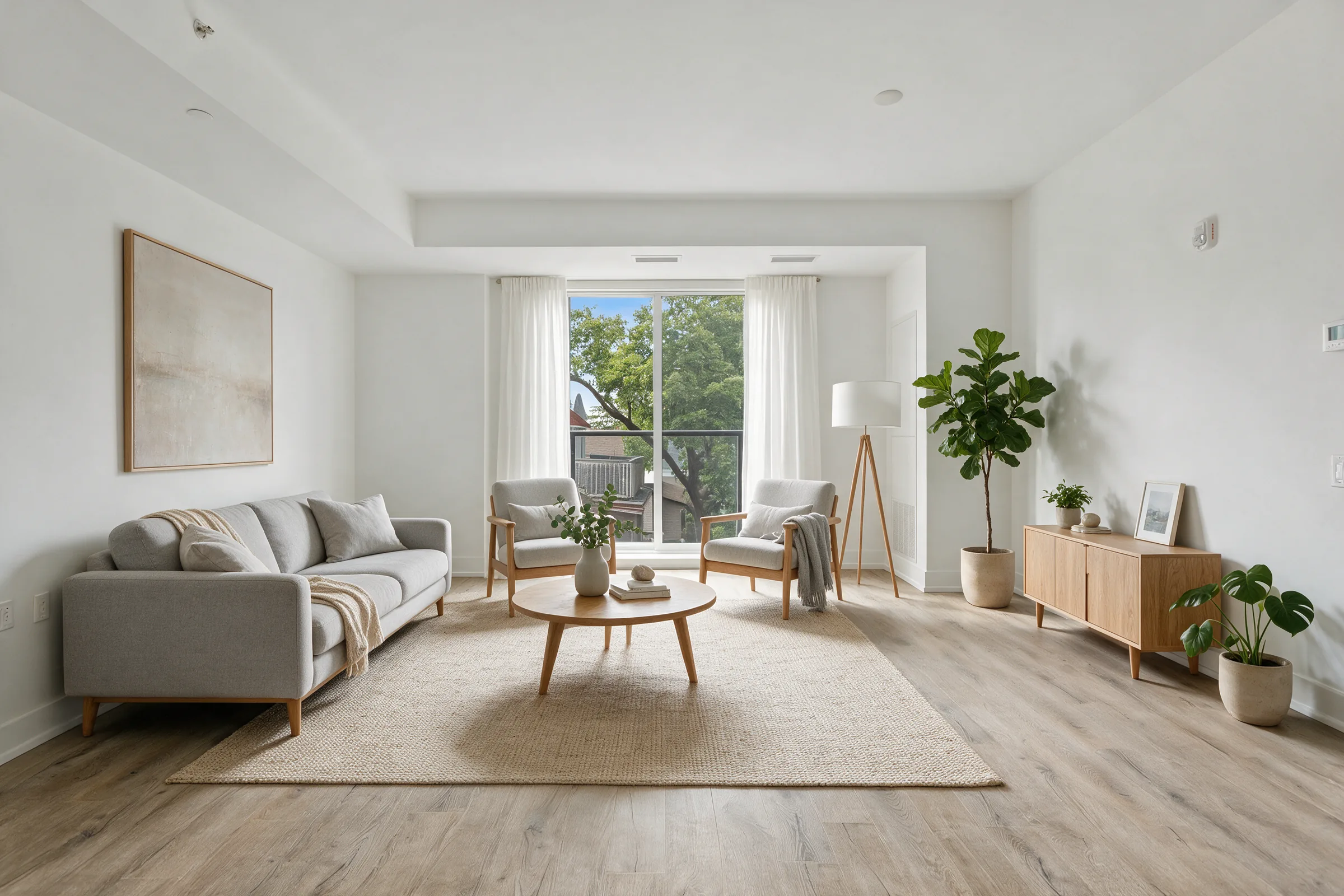 Empty white living room before and after virtual staging with neutral furniture after