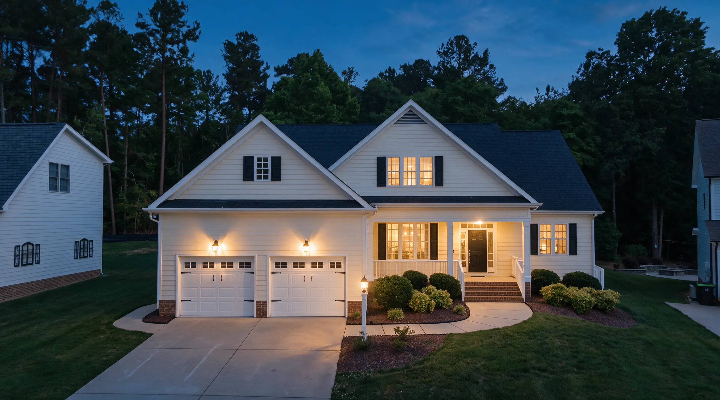 White suburban house before and after day to dusk conversion edited